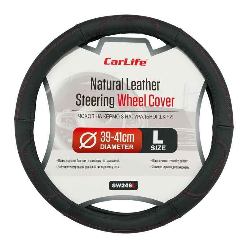 Чехол для руля Carlife кожаный черный с красной строчкой 39-41 см (SW246L)