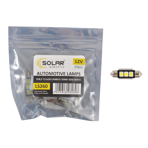 Светодиодная автолампа SOLAR 12V SV8.5 T11x36mm Canbus 5050 3SMD белая 10 штук (LS260_P)