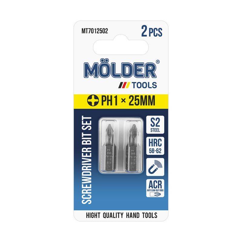 Биты крестовые PH1 25мм набор 2 штуки в блистере MOLDER (MT7012502)