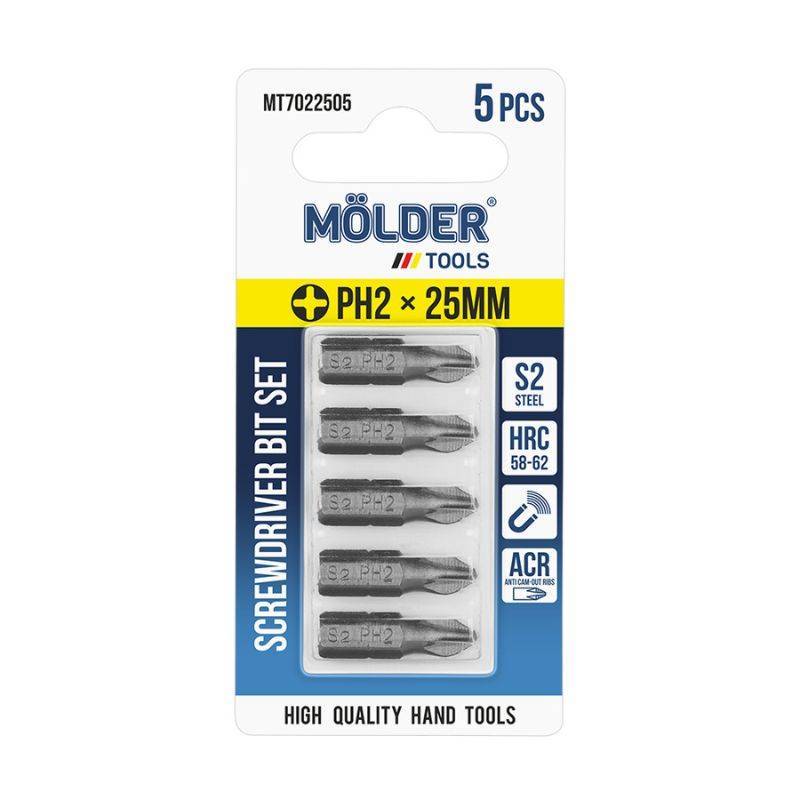 Комплект бит MOLDER PH2 25мм 5 штук в блистерной упаковке (MT7022505)