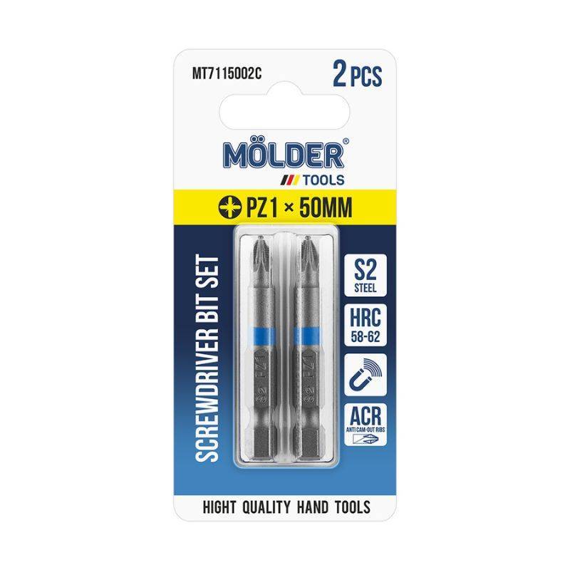 Биты MOLDER PZ1 50мм с цветной маркировкой набор 2 штуки в бластере (MT7115002C)