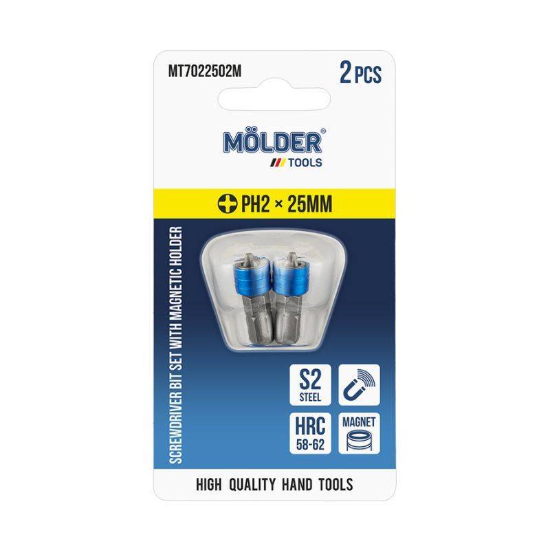 Биты PH2 25мм с магнитным держателем MOLDER набор 2 штуки в блистере (MT7022502M)
