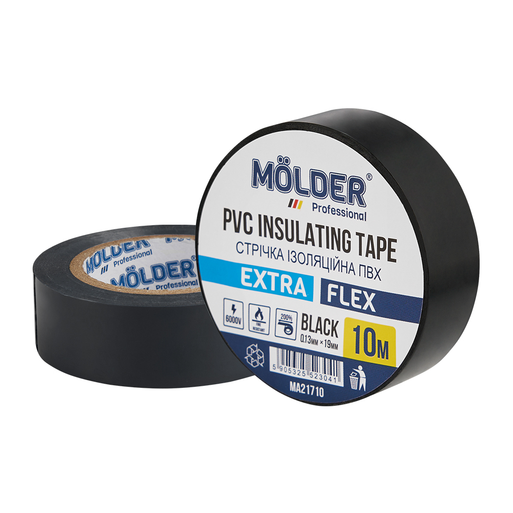 Изоляционная лента ПВХ Molder 0.13x19мм 10м черная профессиональная огнестойкая упаковка 10шт MA21710