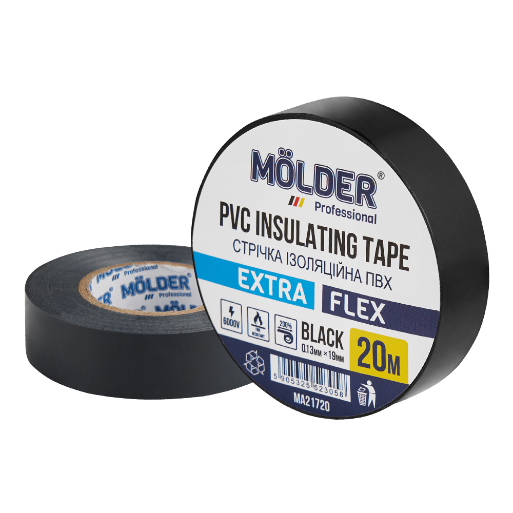 Изоляционная лента ПВХ Molder 0.13х19мм 20м черная огнестойкая профессиональная (MA21720)