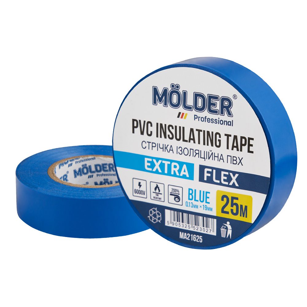 Изоляционная лента ПВХ Molder 0,13х19мм 25м синяя профессиональная огнестойкая (MA21625)