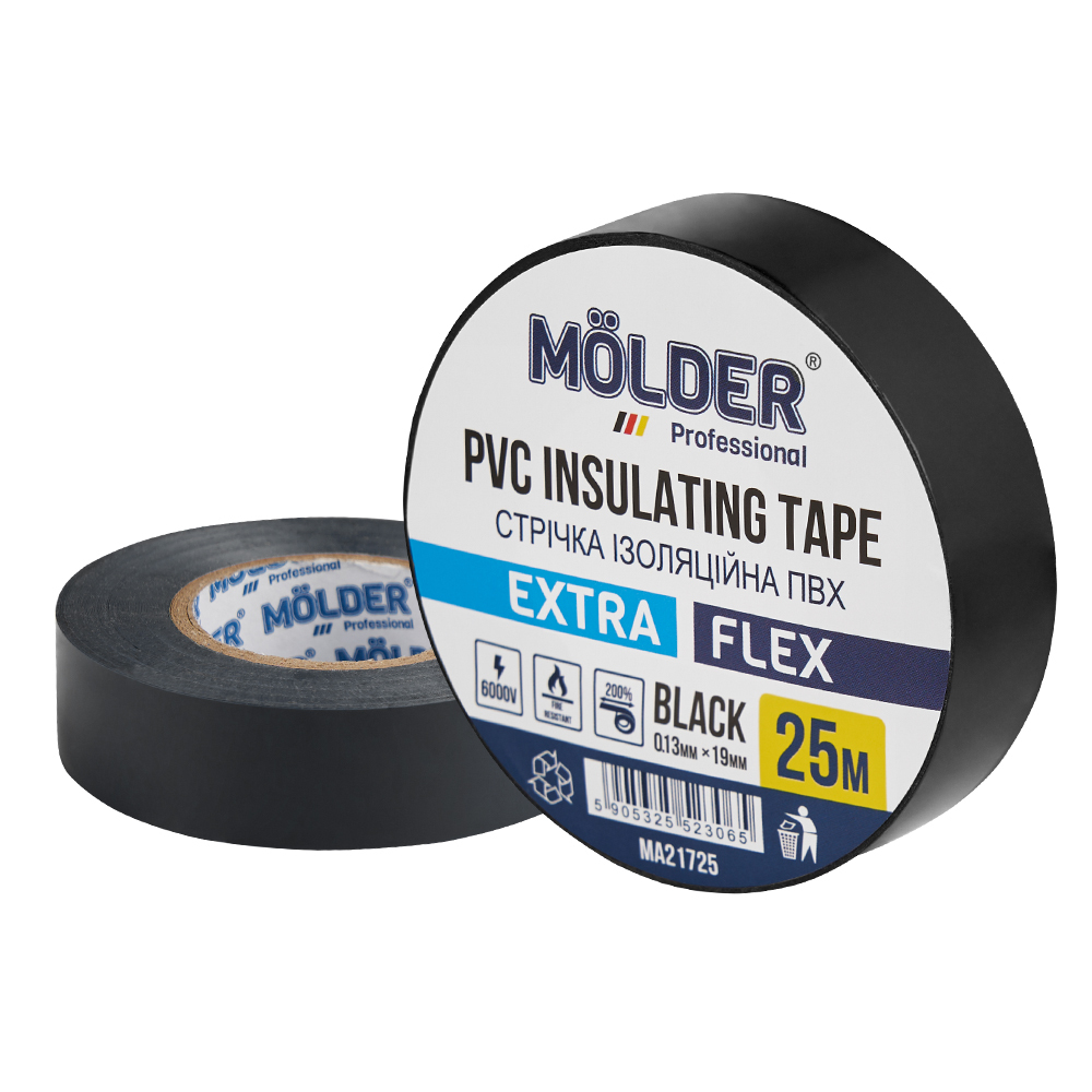 Изоляционная лента ПВХ Molder 0.13x19мм 25м черная профессиональная огнестойкая (MA21725)