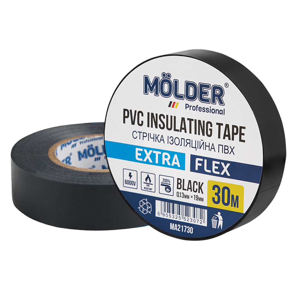 Изоляционная лента ПВХ Molder 0.13х19мм 30м черная огнестойкая профессиональная (MA21730)