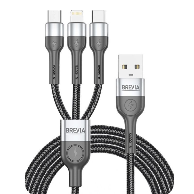 Кабель BREVIA 3in1 USB to Lightning+Micro+Type-C 3A, 1,2m, black, box (250шт.) (59120BULMCC1)